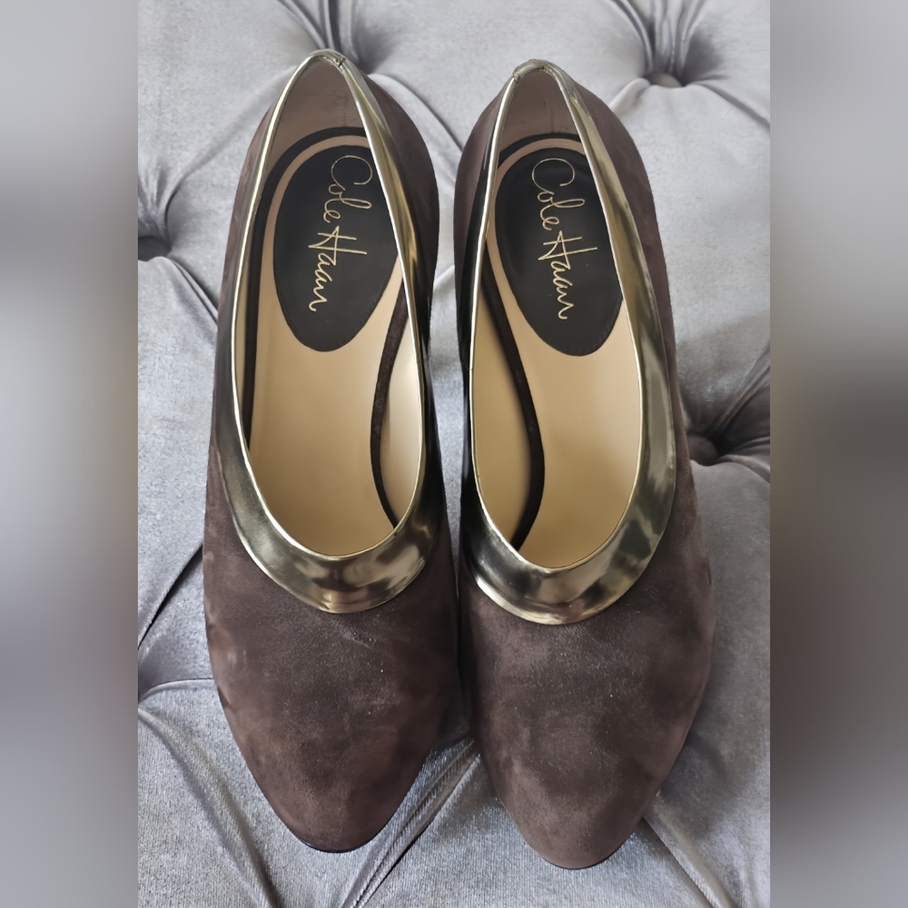 Cole Haan Women's Brown Suede Gold Trimmed Heels 3 In.